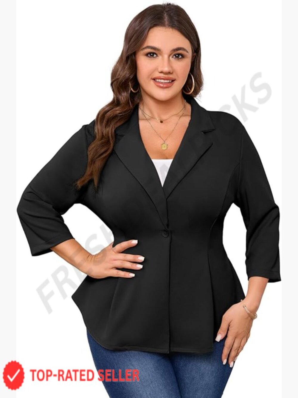 Plus Size Tailored Blazer Notched Lapel One Button 3/4 Sleeve Office Casual